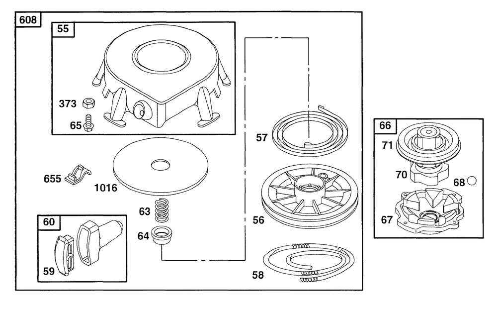 Rewind Assembly Diagram and Parts List for 19B412-0567-XX  Briggs and Stratton Engine